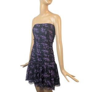 Vintage Y2K Betsey Johnson Evening Black Purple Lace Strapless Ruffle Mini Dress